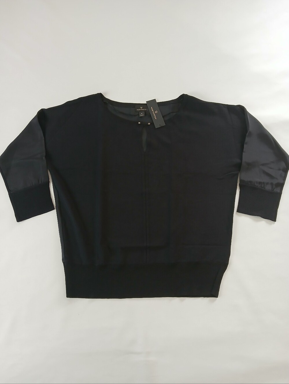 New Worthington Black Mixed Media 3/4 Sleeve Top Blouse